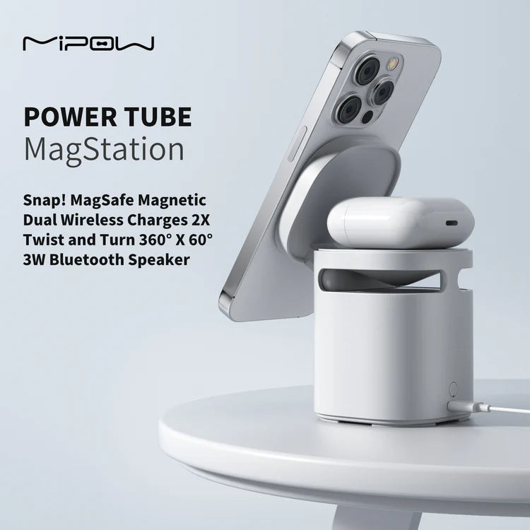 3In1 Magnetic Wireless Charger + Hifi Speaker (2 Wireless Charge Pads + High Bass Speaker) Flip Theatre Mode, Desktop Station (White), Charging Adapter, White