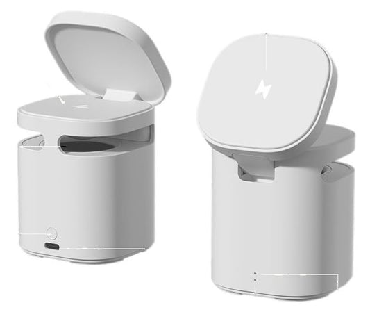 3In1 Magnetic Wireless Charger + Hifi Speaker (2 Wireless Charge Pads + High Bass Speaker) Flip Theatre Mode, Desktop Station (White), Charging Adapter, White