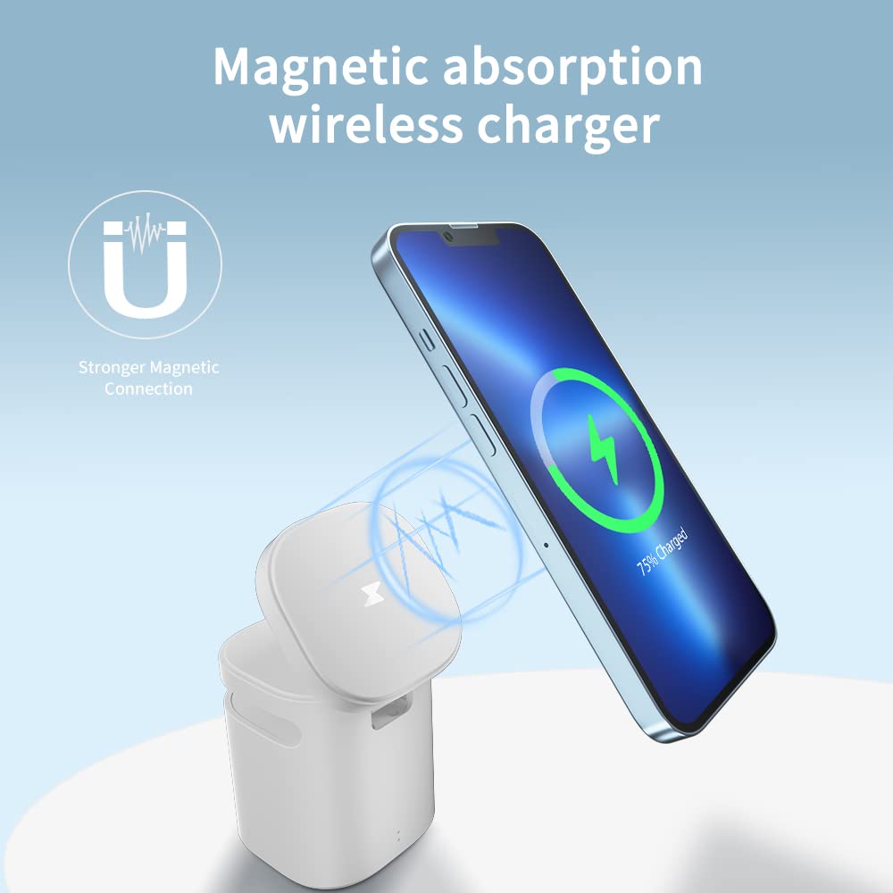 3In1 Magnetic Wireless Charger + Hifi Speaker (2 Wireless Charge Pads + High Bass Speaker) Flip Theatre Mode, Desktop Station (White), Charging Adapter, White
