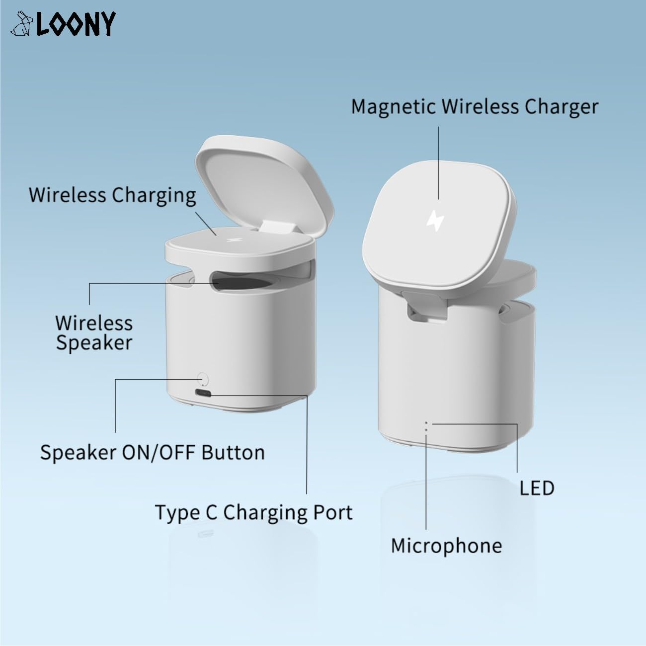 3In1 Magnetic Wireless Charger + Hifi Speaker (2 Wireless Charge Pads + High Bass Speaker) Flip Theatre Mode, Desktop Station (White), Charging Adapter, White