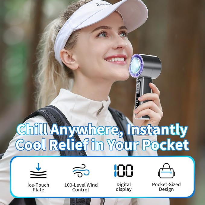 Portable Cold Compress Handheld Fan with Ice Pack Cooling, Rechargeable Mini Fan 4000mAh  with LED Display, for Travel, Office, and Outdoor