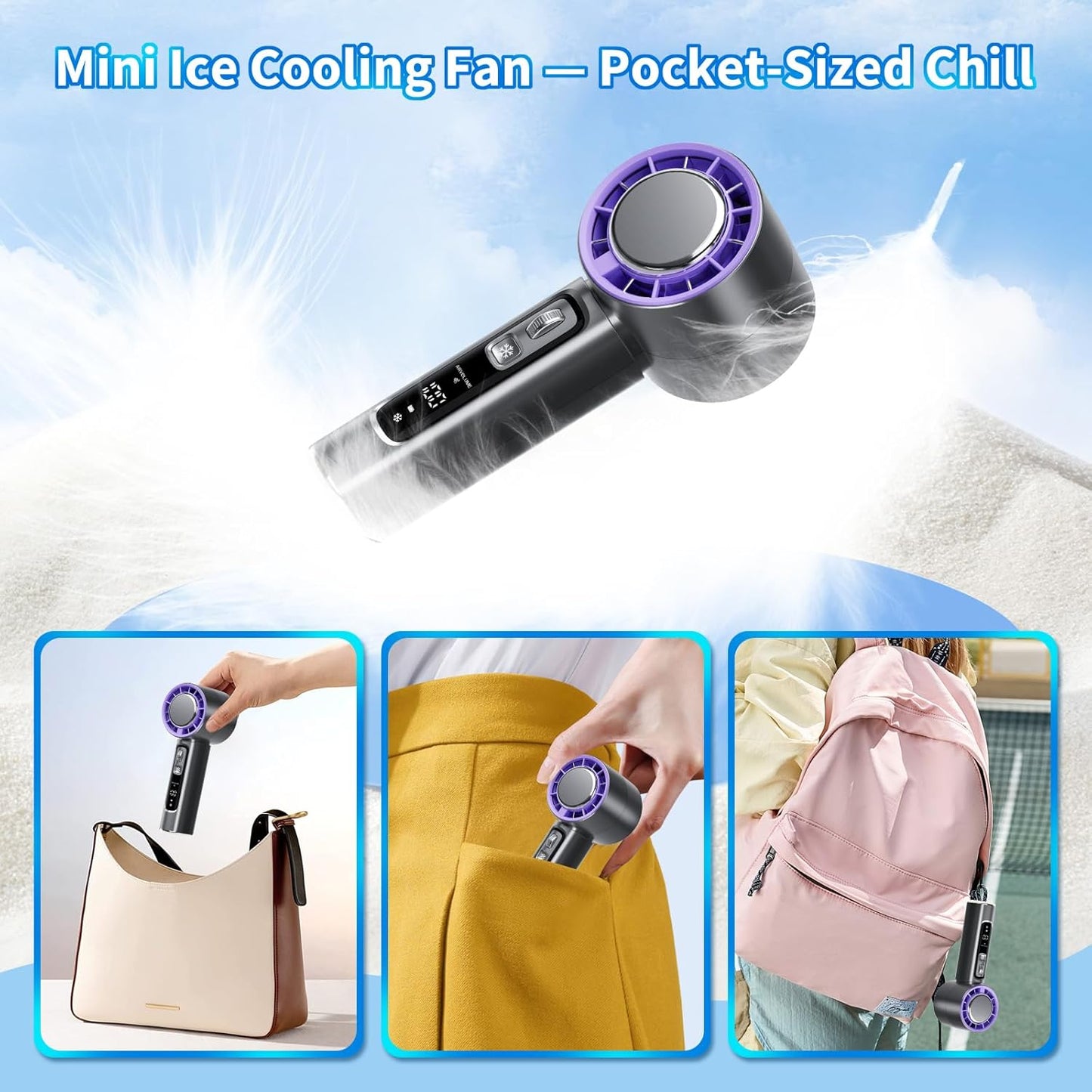 Portable Cold Compress Handheld Fan with Ice Pack Cooling, Rechargeable Mini Fan 4000mAh  with LED Display, for Travel, Office, and Outdoor