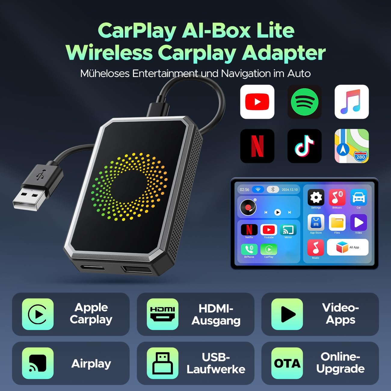 LAMTTO Wireless CarPlay AI Box Adapter for Car Streaming Netflix YouTube TikTok on Car Screen Compatible with OEM Wired CarPlay Cars and Touchscreen...